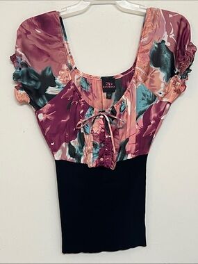 🌞 bebe Floral Shiny Scoop-Neck Top in Mauve, Pink, Teal &  Black women size S